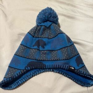 The North Face Kids Blue Knit Beanie Tuque Hat Pom Pom Bear Soft Lining Ear Flap